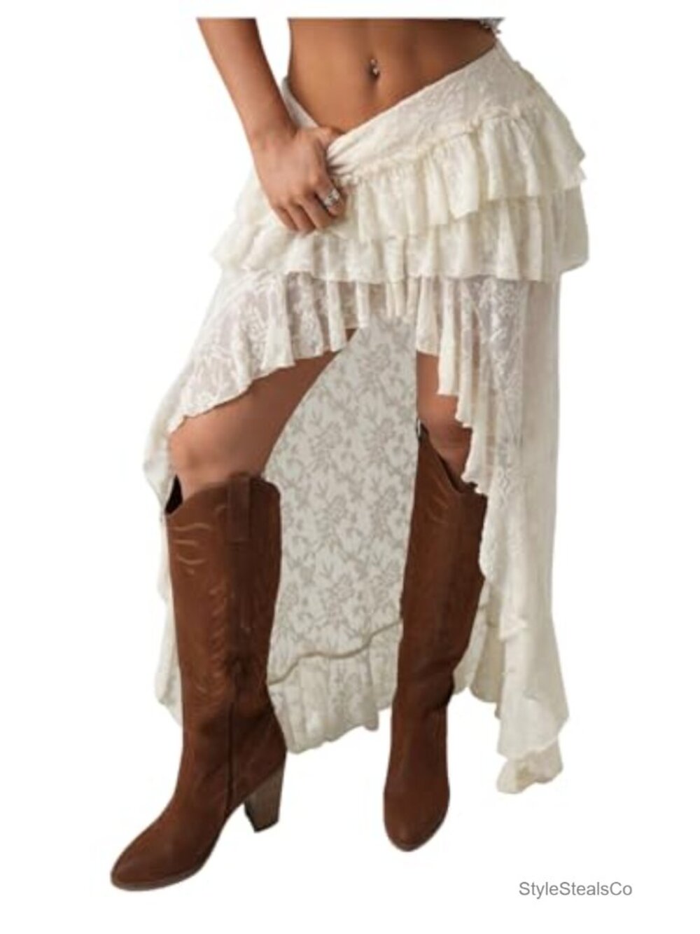 Low Rise Ruffle High Low Lace Boho Long Skirt Fairycore